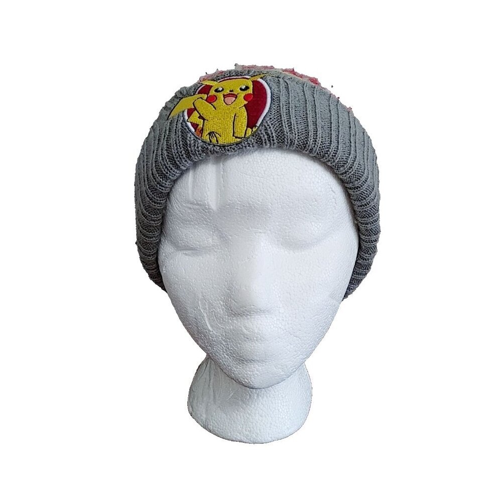 Pokemon Winter Hat Pikacu Adult Gray w/Pikacu Patch Acrylic Pom Pom Hat